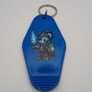 Blue Knight Bear Keychain Handmade UV Resin DTF Motel Key Tag Double Sided Gift